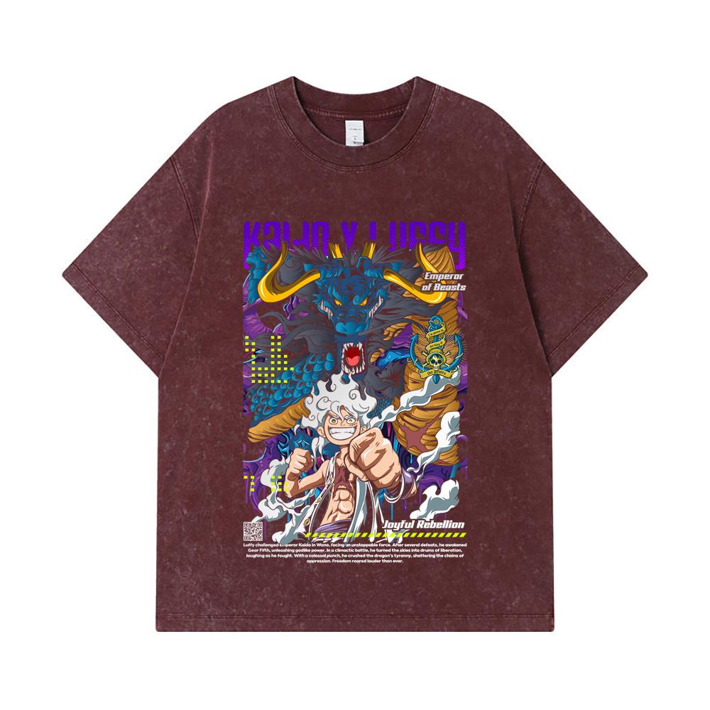 275 GSM Washed T-shirts 100% Cotton One Piece V35 Luffy Kaido Print Unisex Heavy Cotton T Shirt