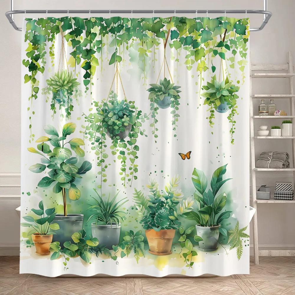 Green Plant Shower Curtains Watercolour Vine Leaves Butterfly Potted Plants Modern Polyester Fabric Home Bathroom Curtain Decor