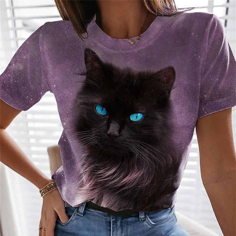 Cartoon Cat T-shirt Cute Cat Animal 3D Printed Women's Short Sleeves