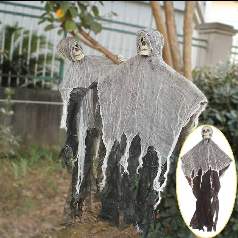 Läskig Halloween-dekoration Hängande spökskalle med gasväv För spökhus Läskig rekvisita