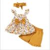3PCS Toddler Baby Girl Clothing Set Floral Sling Top with Bow+ Shorts+Headband Sweet Lovely Fashion Suit for Kids Girl 1-5 Years