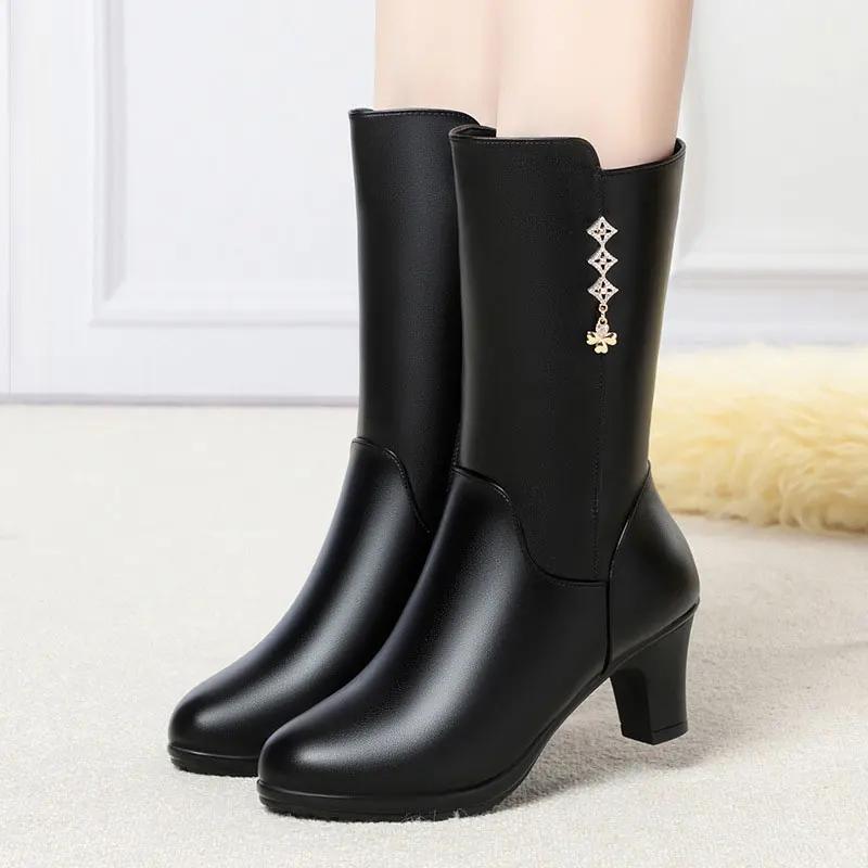 2024 Women's Boots Winter Warm Soft Fashion Leather Female Boots High-heeled Plush Trend Mid-calf Zipper Round Head Boots