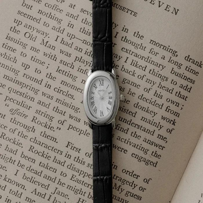 Quiet Oval Leather Watch_Silver/Black QUIET OVAL