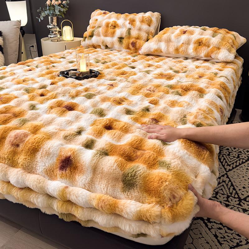 Set Lenzuolo con Angoli in Pelliccia di Coniglio Peluche: Foderato in Pile, Caldo per l'Inverno, Include Coprimaterasso - Set da 3 Pezzi per Letto Matrimoniale