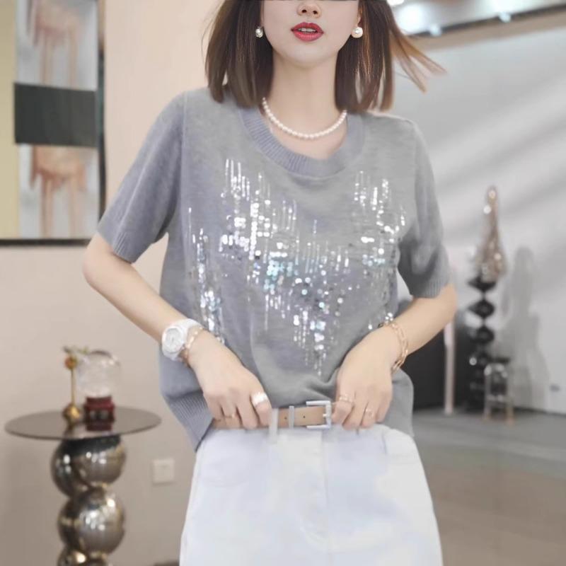 women round neck sequin knit top short sleeve casual t shirt