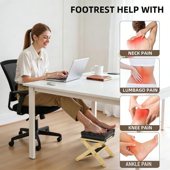 Wooden Under-Desk Footrest with Non-Slip Rubber Stepping Surface Ergonomic Foot Stool for Home Office Gaming Work Posture Support