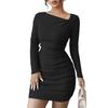 Women's Fashionable Color Slanted Collar Long Sleeved Dress With A Slim Fit And Elastic Buttocks
