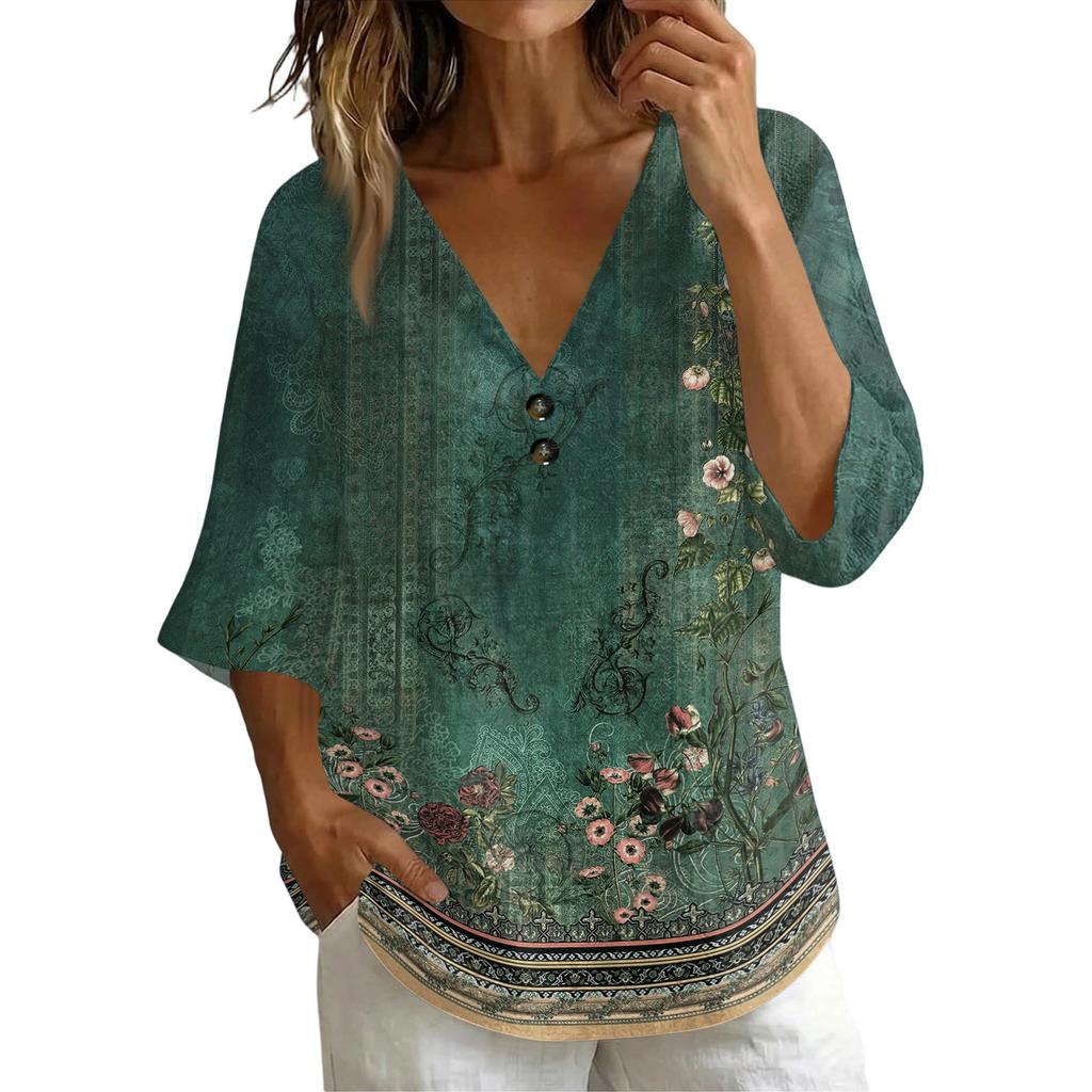 Women V Neck Vintage Floral Print Loose Fit Short Sleeve T Shirt Button Detail Linen Blend Fabric Casual Top for Daily Wear