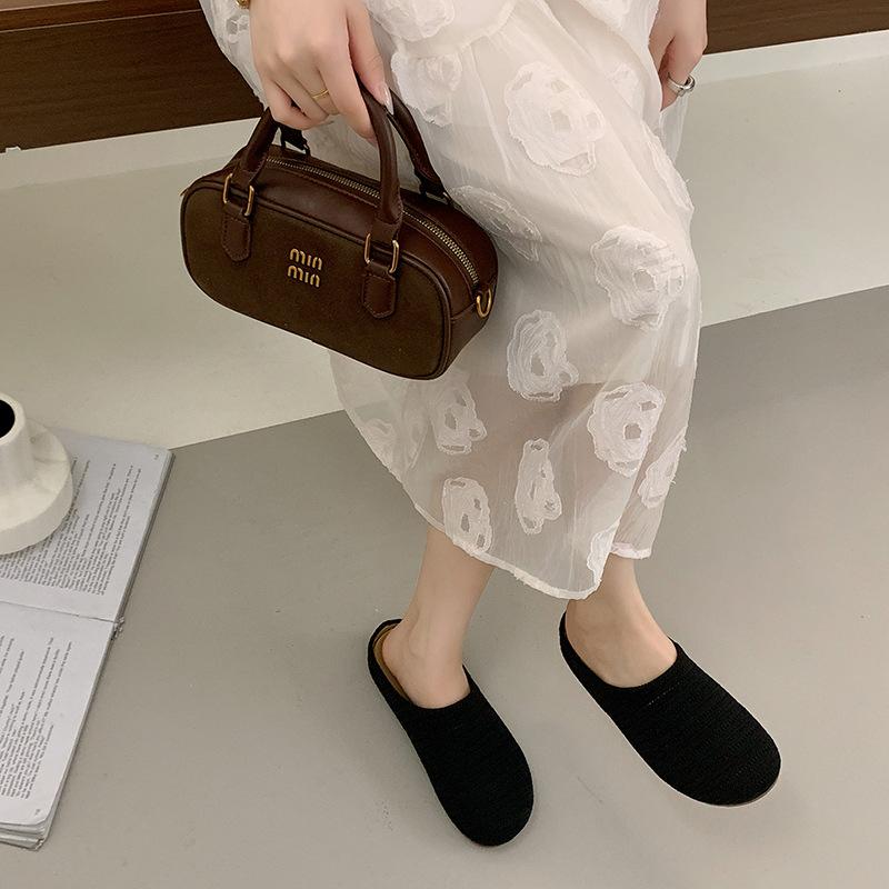 2025 New Summer Foreign-style Woven Hollow Baotou Half Slippers Women's Breathable Seaside Beach Going Out Boken Shoes