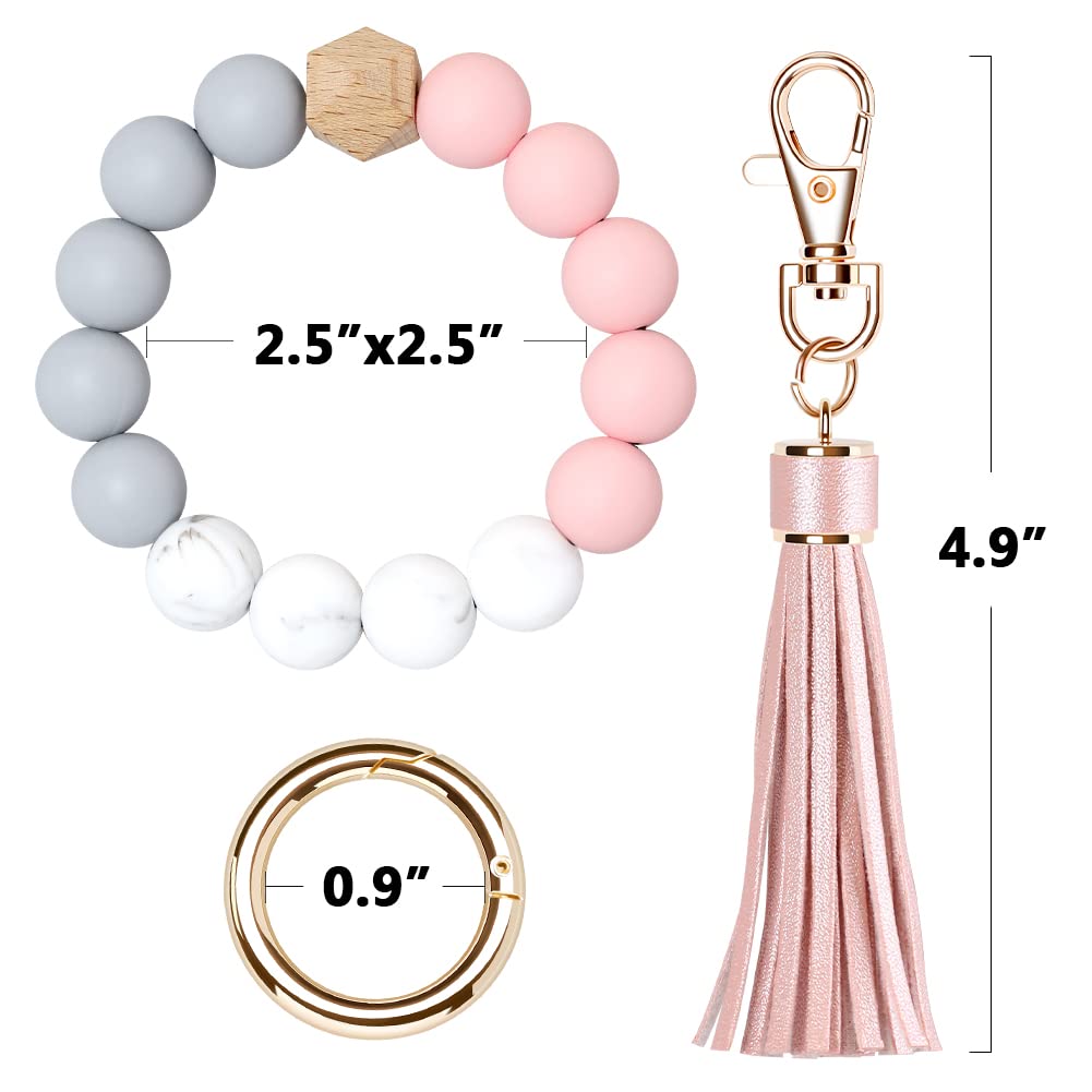 UpUDo Keychain Bracelet Wristlet, Silicone Beaded Key Ring Bracelet with Card Wallet, Elastic Key Ring Bangle for Women, Rose Gold, Large