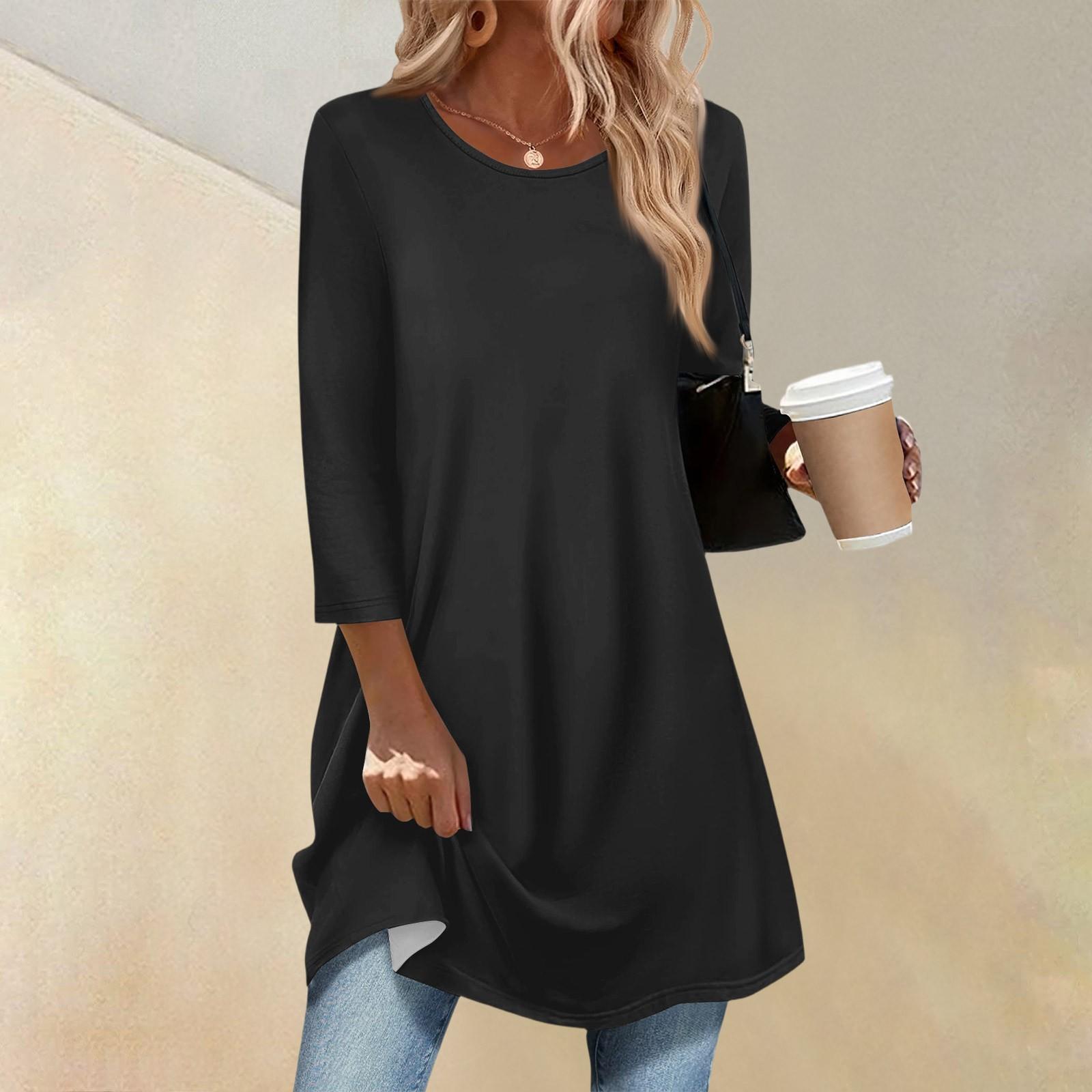 

Women s Fashion Casual Three-quarter Sleeve Long Solid Color Round Neck Top L чёрный