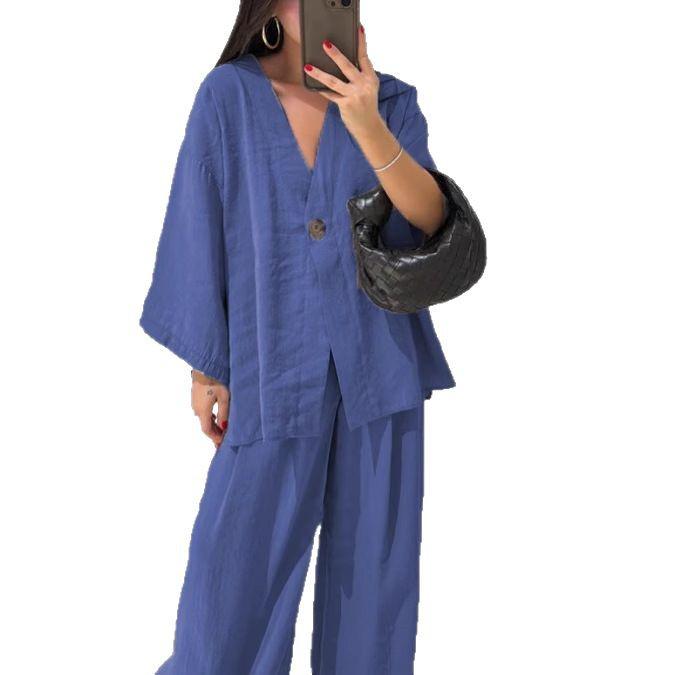 2025 Women's V-Neck Top & Wide-Leg Pants Set - European & American Style