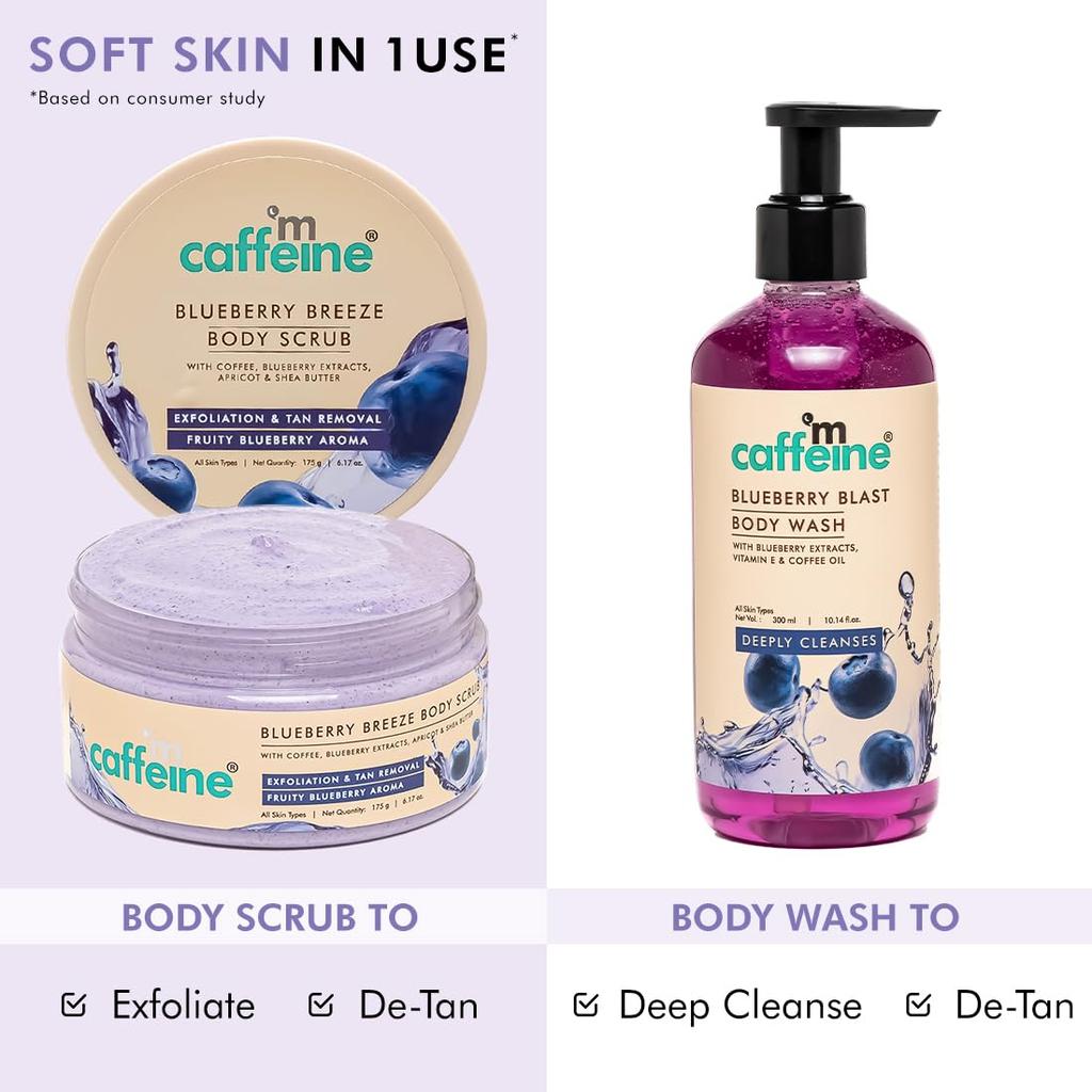 mCaffeine Blueberry Blast Detan & Cleanse Duo for Glowing Skin | Body Wash 300ml & Scrub 175g