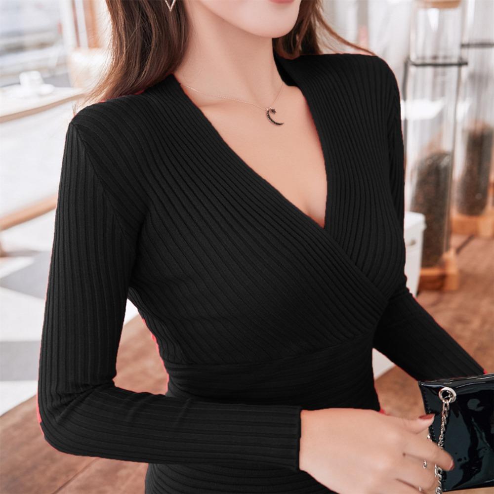 Women V Neck Wrap Long Sleeve Knit T Shirt Slim Ribbed Fitted Basic Casual Blouse Top