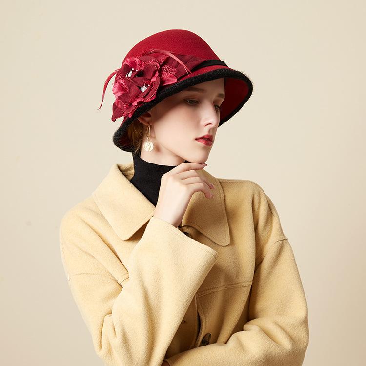 Hat Women's Autumn and Winter New Black Woolen Hat Casual Warm Bucket Hat British Feather Flower Top Hat