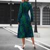 Women's Collar Long Sleeve Abstract Print Midi Dress High Waist Belted Shirt Dress