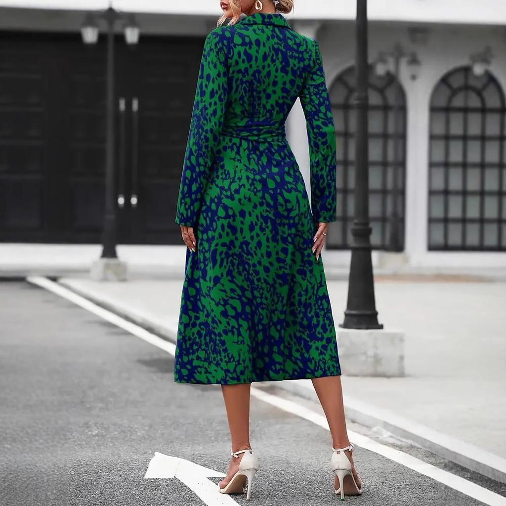 Women's Collar Long Sleeve Abstract Print Midi Dress High Waist Belted Shirt Dress
