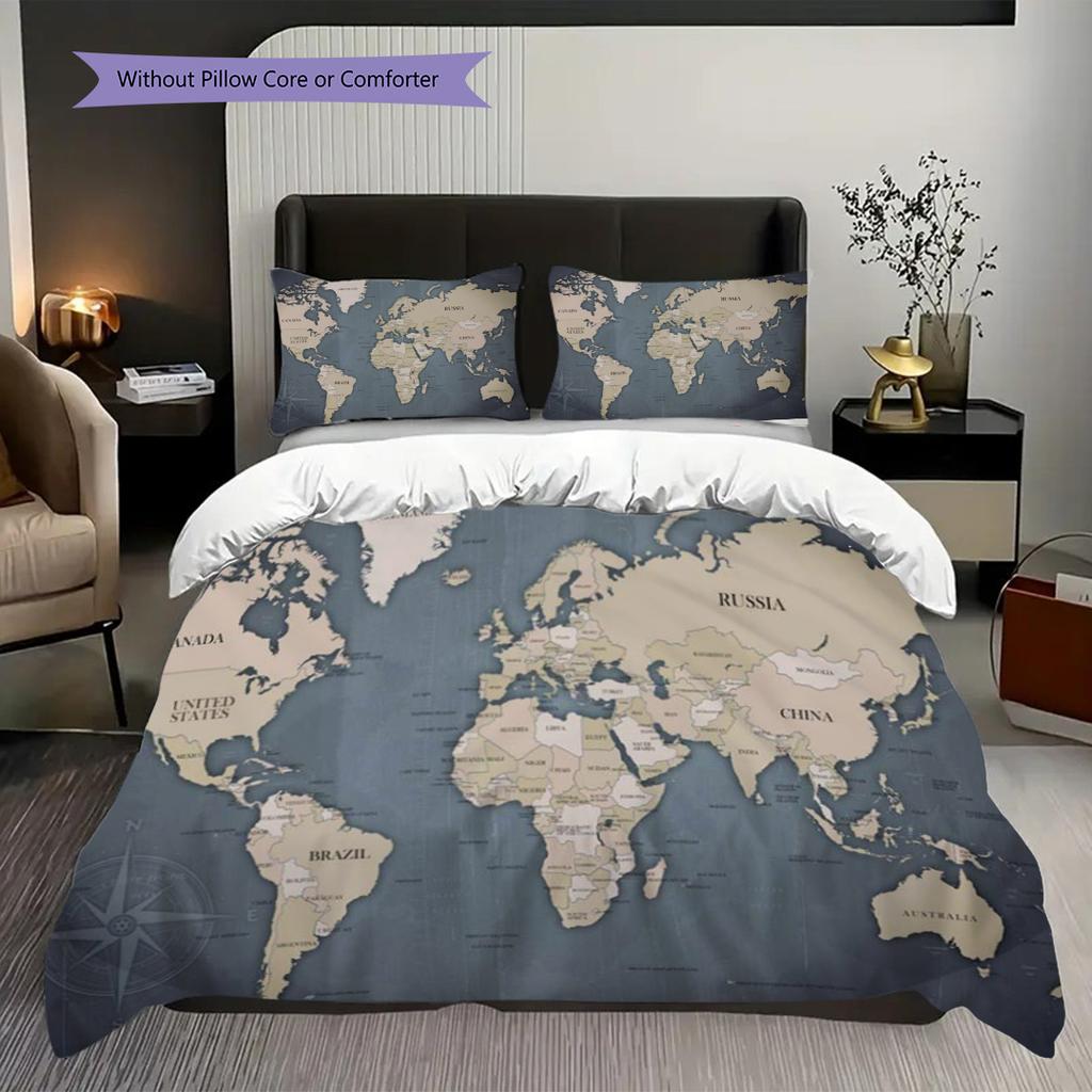 Vintage World Map Artistry Bedding (1 * duvet cover + 2 * pillowcase, without core) 2D Flat Christmas birthday gift Soft and comfortable Bedding set