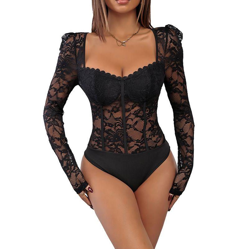 2025 New European and American Sexy Lace Patchwork Square Collar Tight Black Jumpsuit Black Jumpsuit
