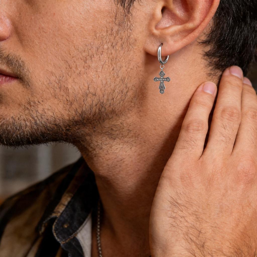 High Quality Cross Hoop Earring for Men,Hypoallergenic Stainless Steel Cross Charms Pierced Earring,Hip Hop Trendy Jewelry