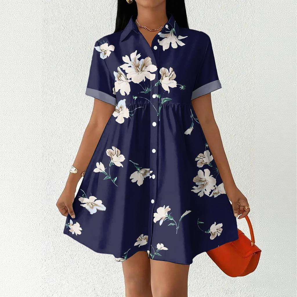 Women's Casual Loose Fit Shirt Dress Button Down Collar Short Sleeve Floral Print Summer Dress