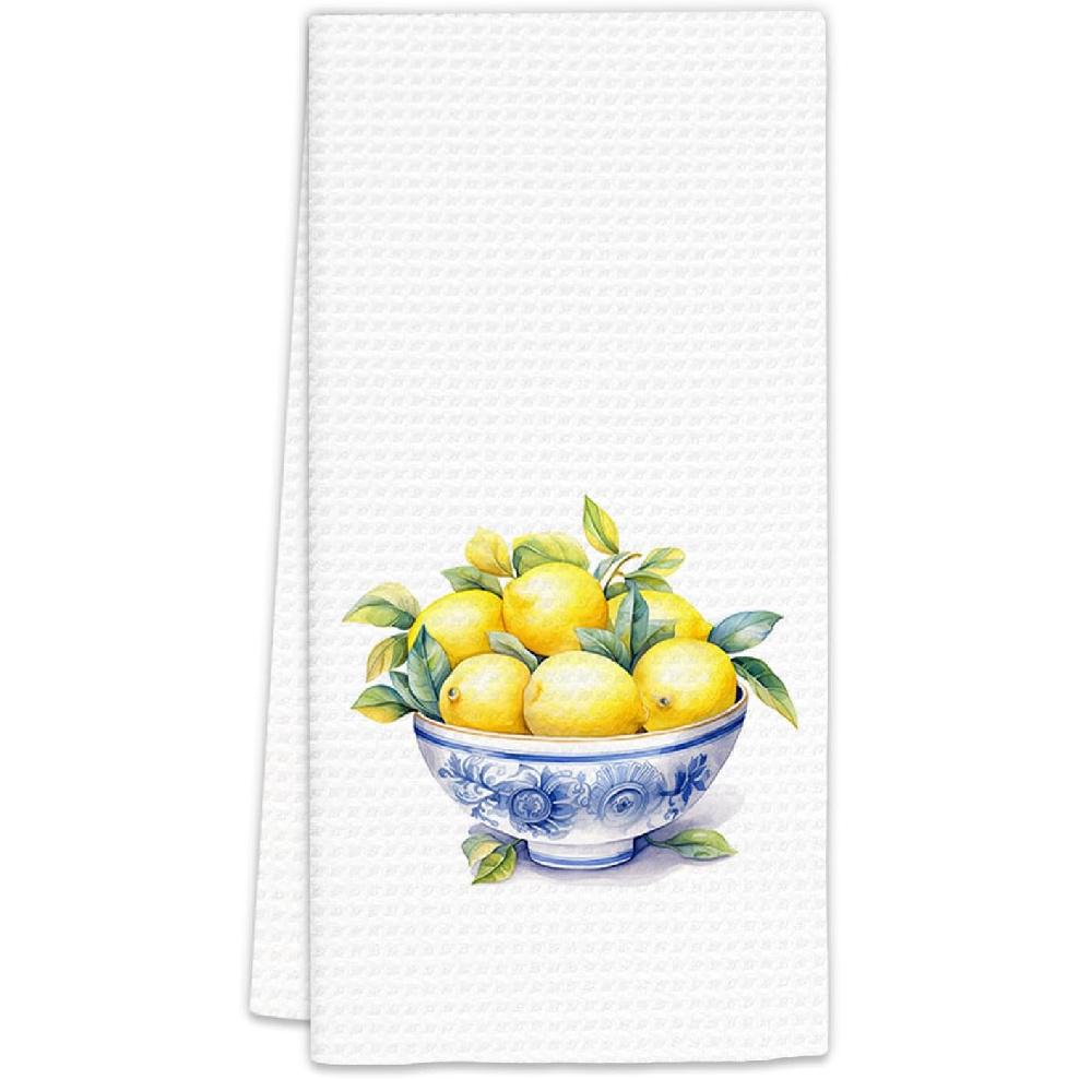 Chinoiserie Decor Lemon Kitchen Towels, Blue and White Porcelain Dish Towels, YellowLemon Decorative Hand Towels for Bathroom Kitchen, Chinoiserie White-5
