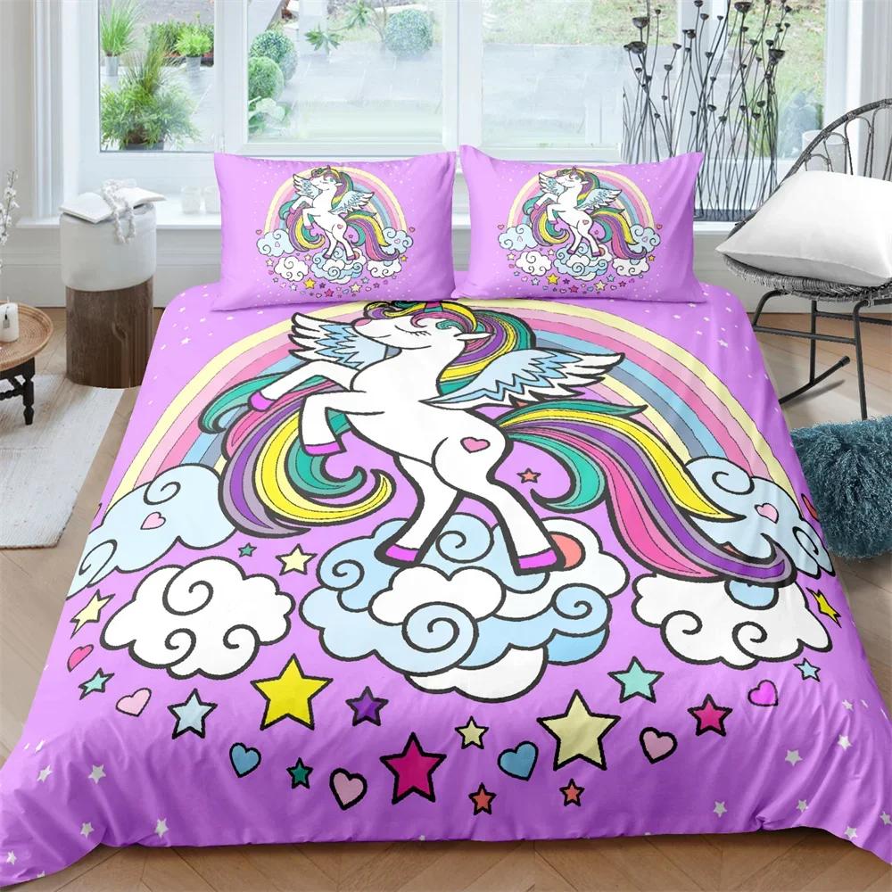 Jednorožec King Queen Povlak na přikrývku Kreslené zvíře Rainbow Universe Sada povlečení pro děti Teen Cosmic Starry Sky Polyester Povlak na přikrývku