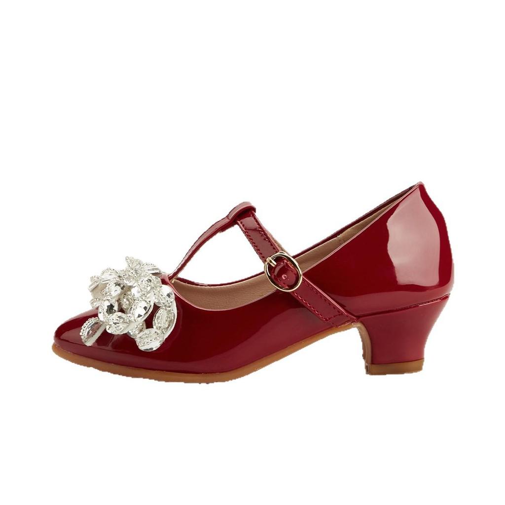 2025 Winter Crystal Flower Bow High Heels for Girls - Pointed Toe Leather Shoes for Small and Medium Children