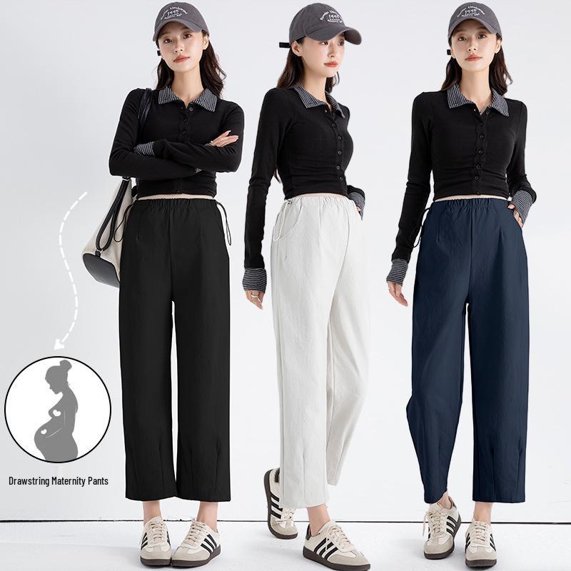 

2026 Spring Maternity Loose Side Drawstring Pants - Simple Outerwear, No Belly Support, Nine-Part Length L чёрный