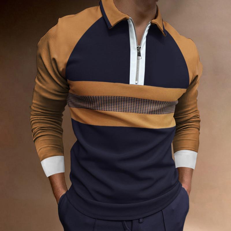 Men's Zip Patchwork Lapel T-Shirt Long Sleeve Polo Shirt Men's Long Sleeve Sweatshirt T-Shirt