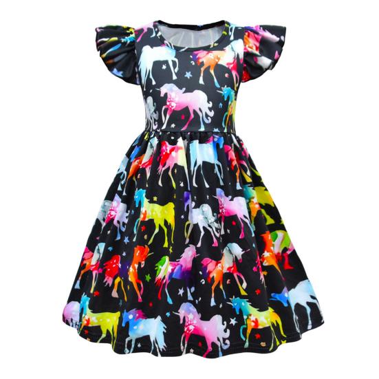Colorful Cartoon Print Princess Dress Short Flying Sleeve Ruffle Dress for Girls Elastic Waist Long Dress for Daily Wear Birthday Photoshoot