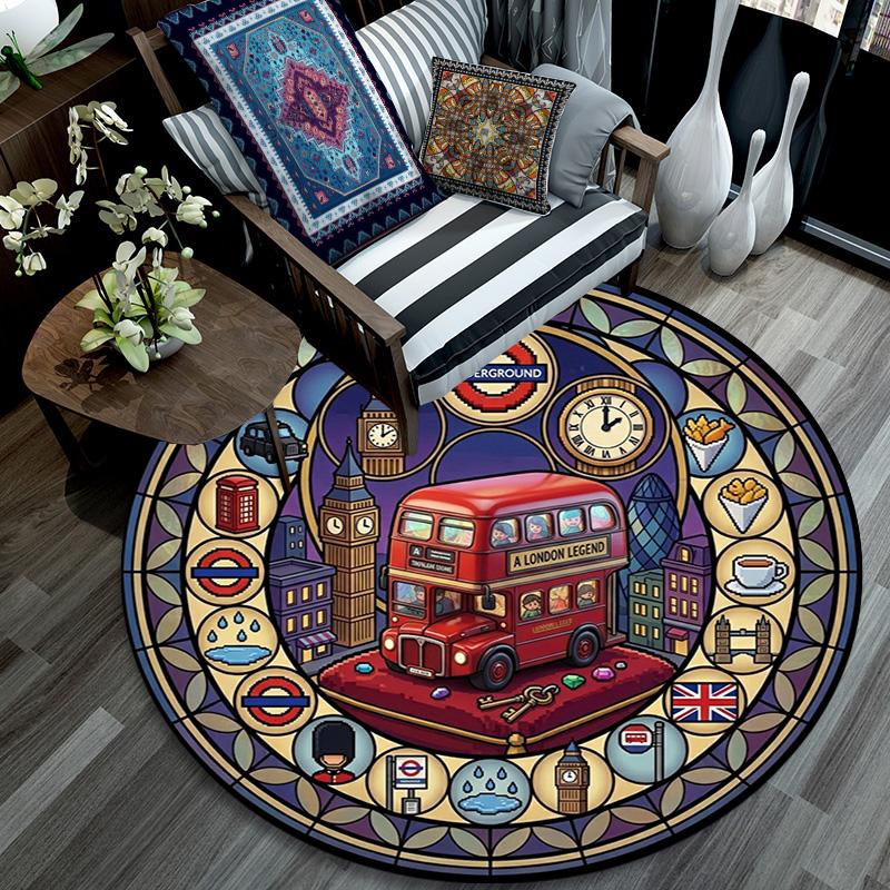 London Icons Glass Round Area Rug Under Office Chairs Bedroom Living Room Home Decor 80cm x 80cm