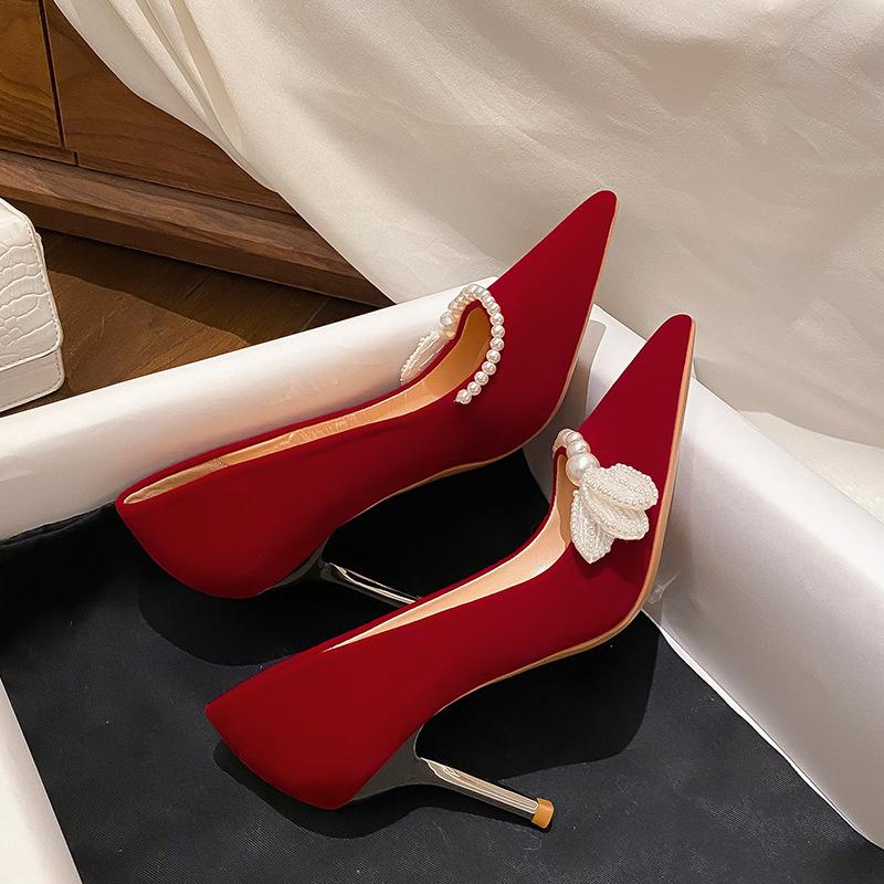 Red Thin Heel Single Shoes Pearl Stiletto Pointed Toe Suede Slip On Silk Women Soft Beaded Pumps Bride Satin High Heels