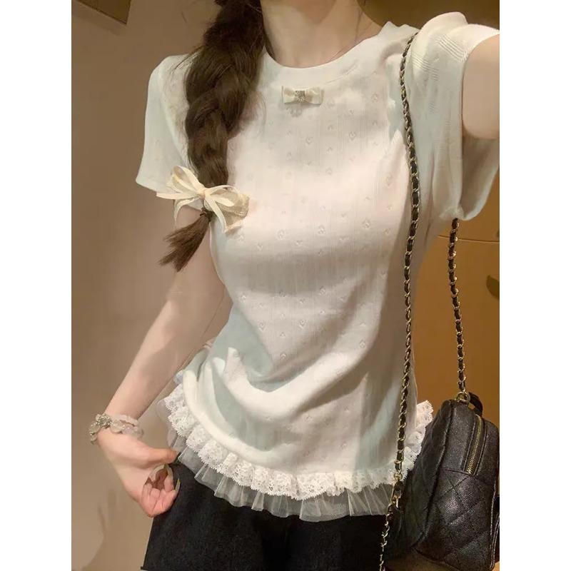 Ballet Style Lace Splicing Right Shoulder Short-sleeved T-shirt for Women Summer New Temperament Slimming Top