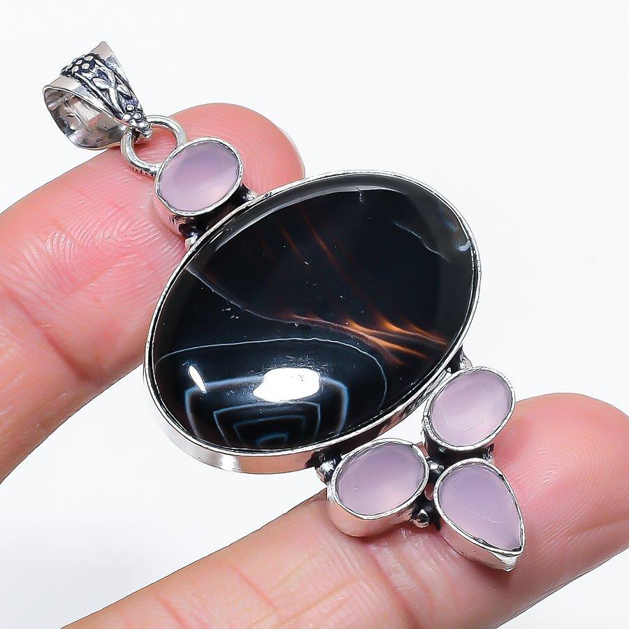 

Натуральный полосатый агат, халцедон 925 стерлинговое серебро ювелирный кулон 2,44 E1p18