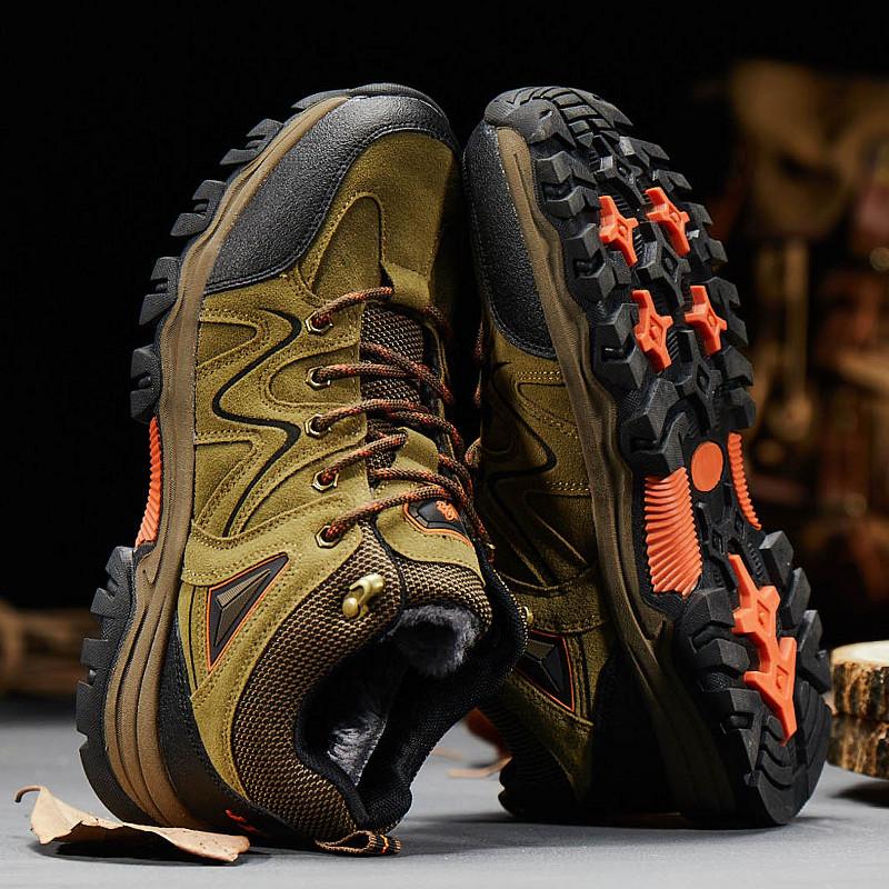 Men Winter Boots Hiking Shoes Green Men Casual Outdoor Climbing Athletic Shoes Warm with Fur Large Size