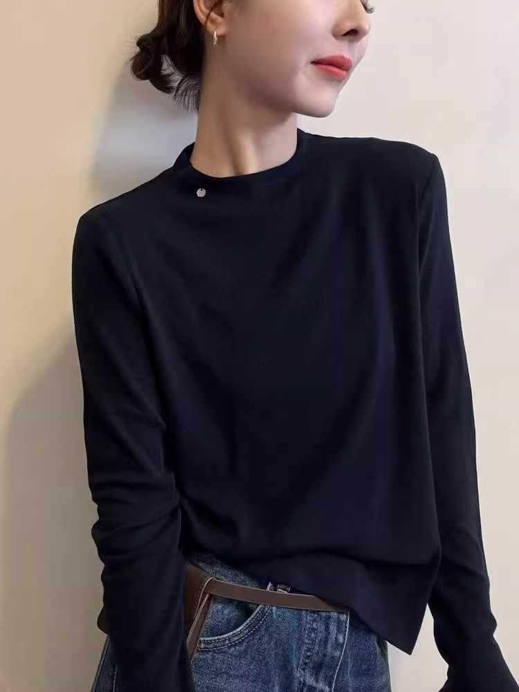 Women's Black Round Neck Loose Long Sleeve T-Shirt - Trendy Casual Base Layer for Spring/Autumn 2025.