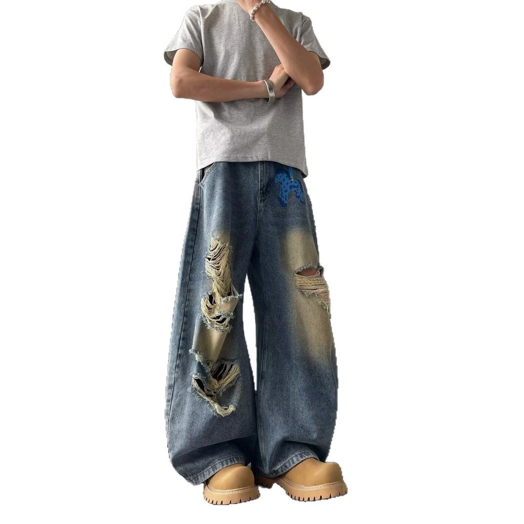 Zerrissene Jeans Herren Neue Sommer High Street Hip Hop Amerikanischer Retro Hip Hop Gewaschen Locker Weiter Bein Lange Hose