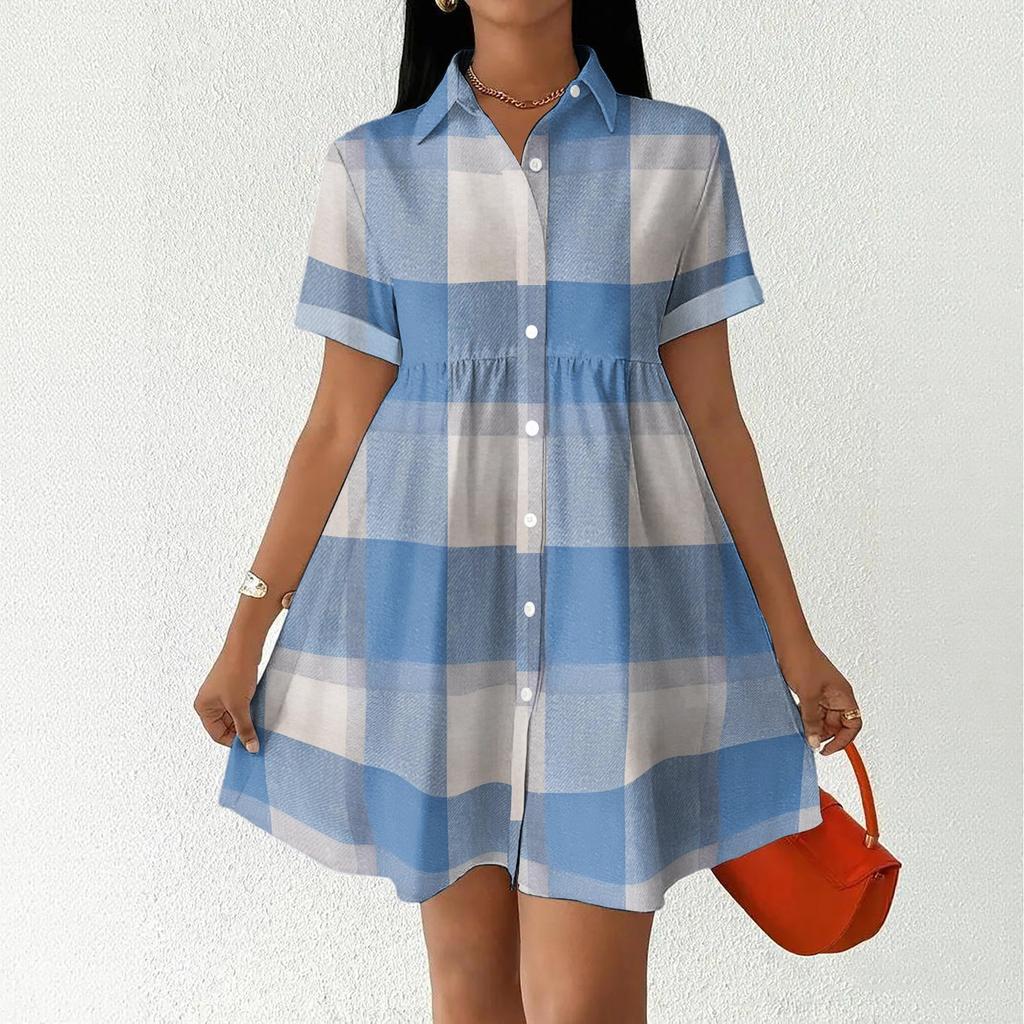 Women Casual Loose Fit Shirt Dress Button Front Short Sleeve Collared Dress Lightweight Plaid Pattern Summer Dress