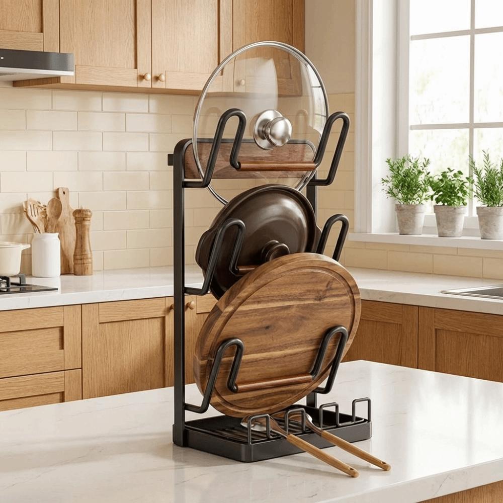 Carbon Steel Pot Lid Rack Space Saving Rustproof Kitchen Storage Rack Stable with Spoon Rest Cutting Board Holder Restaurant