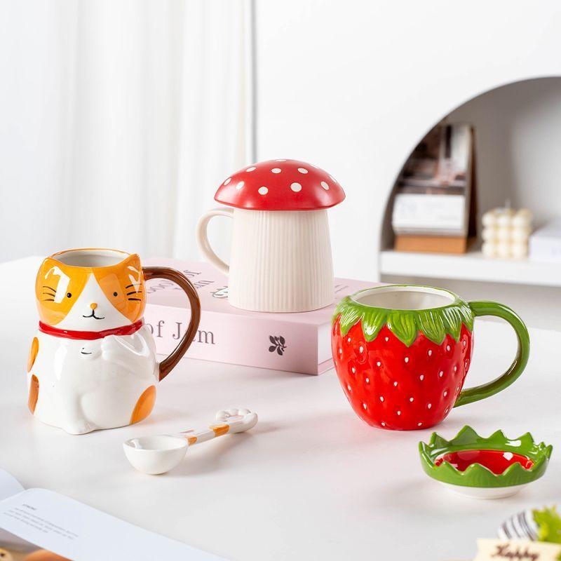 European Ceramic Strawberry Mushroom Coffee Cup with Lid Creative Cartoon Ceramic Mug Exquisite Afternoon Tea Latte Coffee Mug