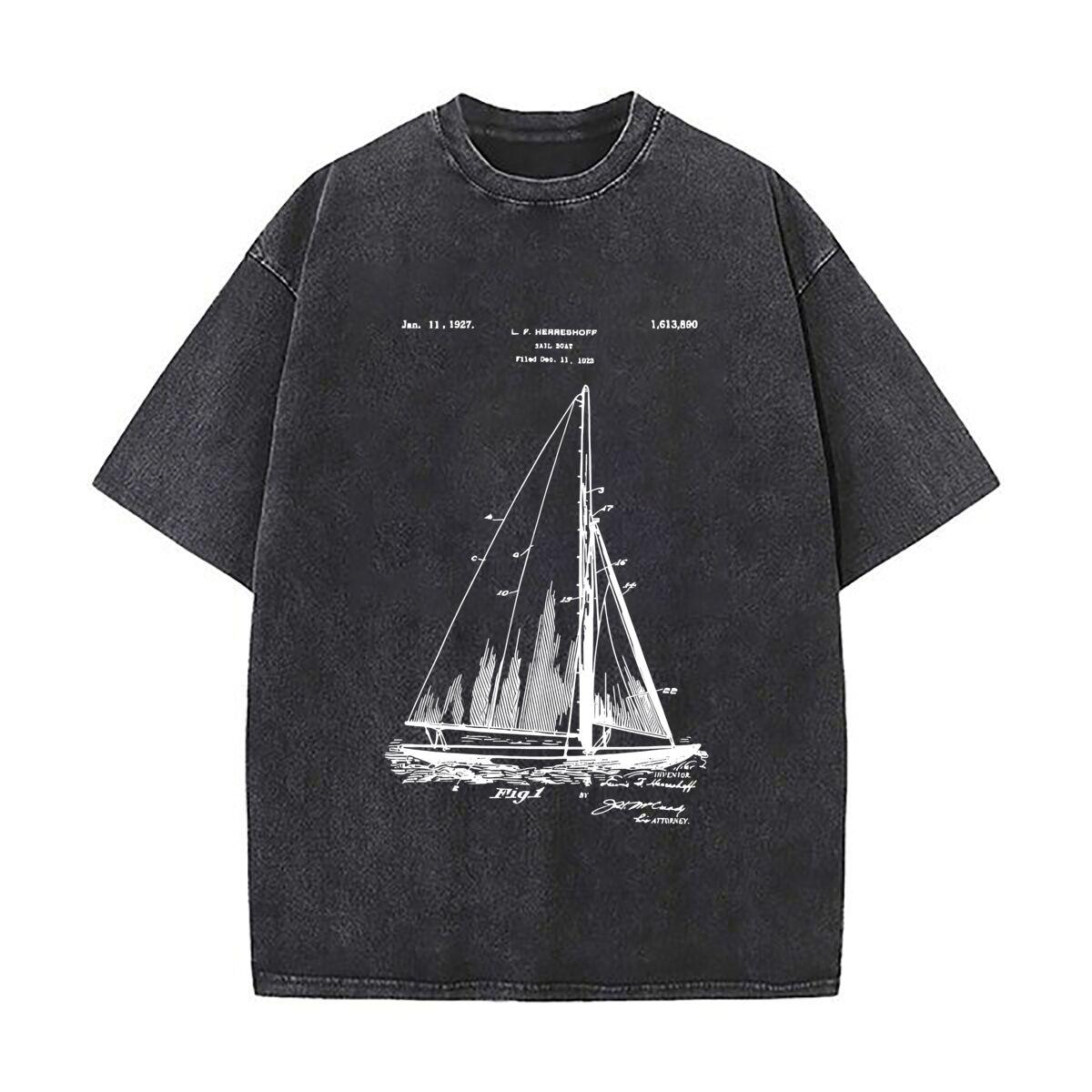 Sailboat Silhouette Nautical Themed Minimalist Art Casual Washed Distressed T Shirt Vintage Minimal Short Sleeve Top S