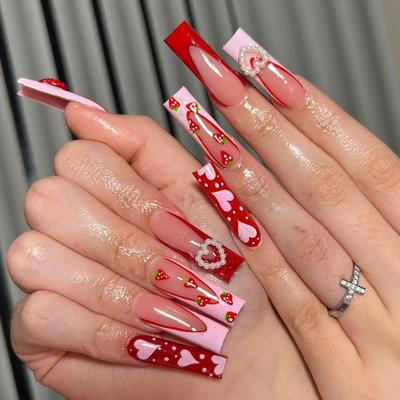 24 Pieces Valentine's Day Pink Three-dimensional Love Pearl Wearing Nail Piece Long French Strawberry Nail Piece