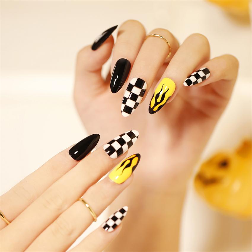 24Pcs Dark Punk Skeleton Long Coffin Ballet Press On Nails Reusable Fake Nail Kit Artificial Acrylic Tips