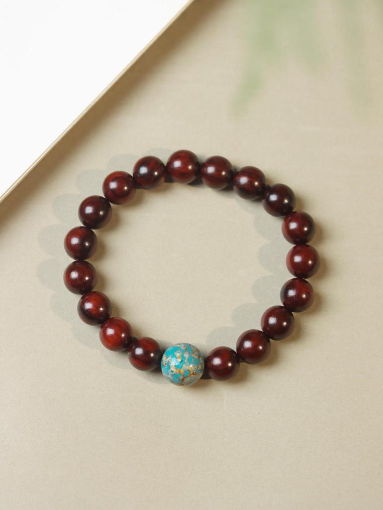 Women's Small-Leaf Rosewood Bracelet with Mother-of-Pearl Bead, Wenwan Buddhist Calming Ornament, Unisex.