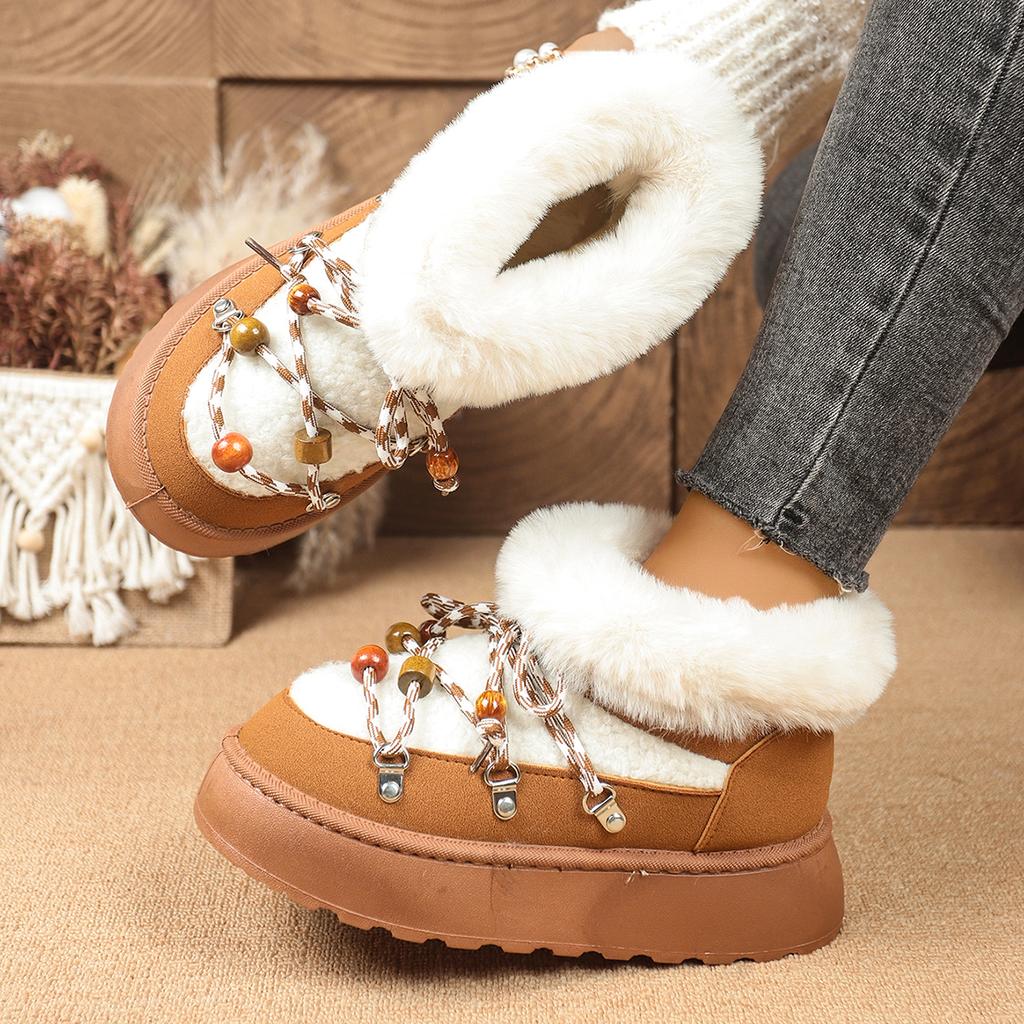 Fashion 2025 New Women Boots Round Toe Outdoor Thick Bottom Shoes for Women Fashion Cross Strap Decoration Short Plush Snow Boots Women