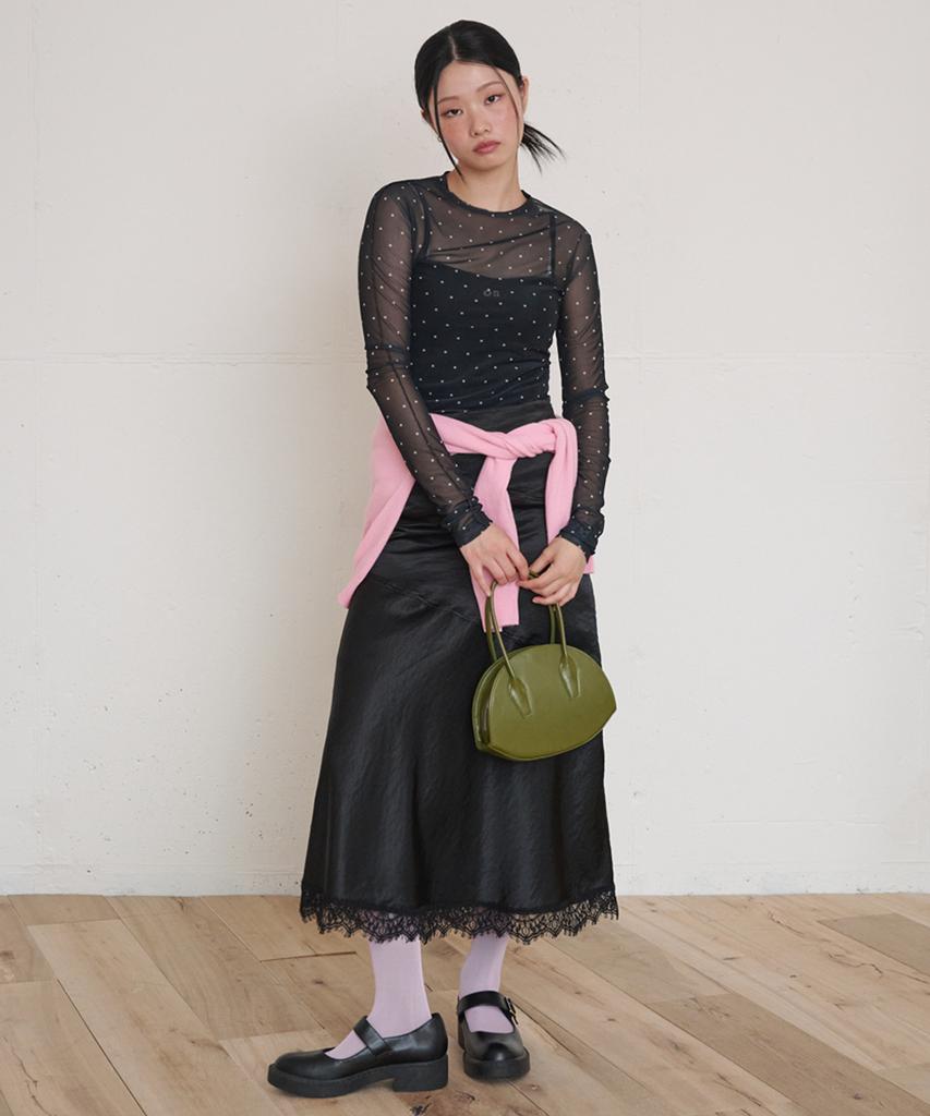 OPENING SUNSHINE Dot See-Through Long Sleeve Mesh Top Black