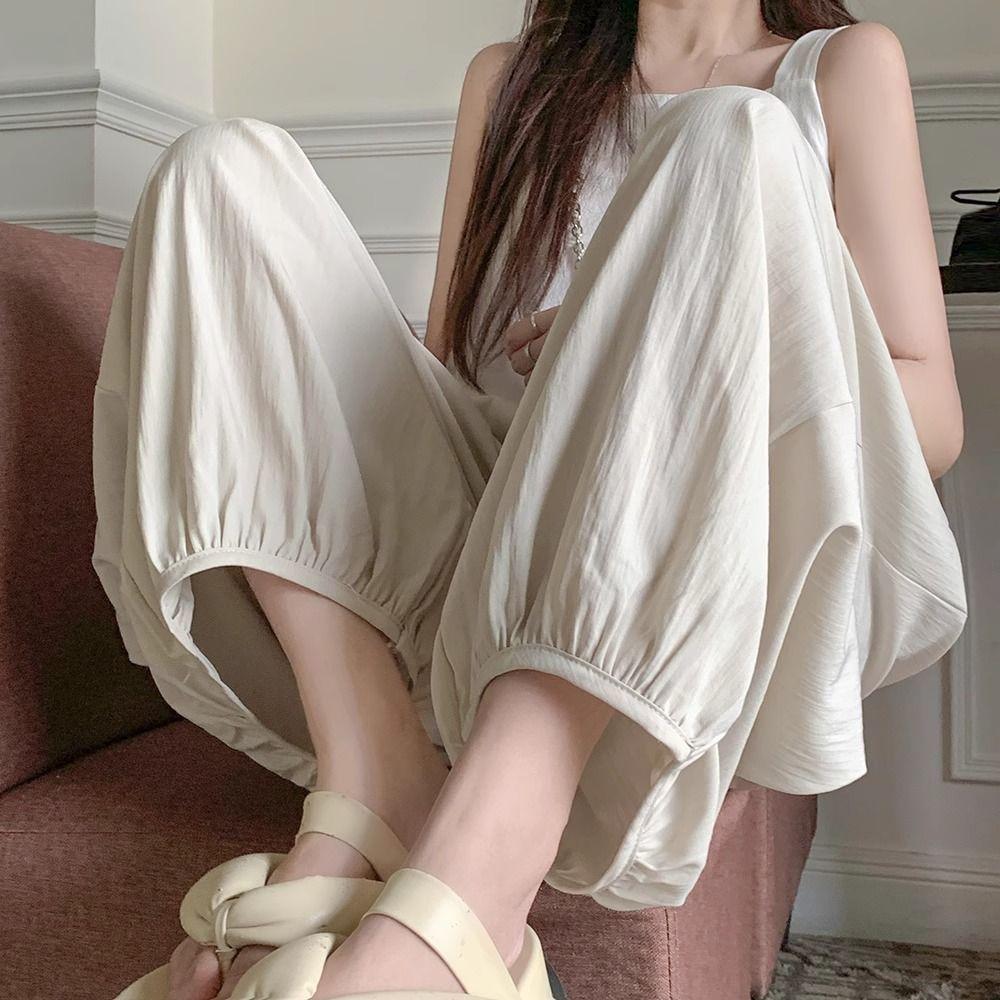 Women's Spring-Summer Thin Dopamine Cream Ankle-Tied Lantern Pants | Loose Slimming Ice Silk Harem Athletic Trousers