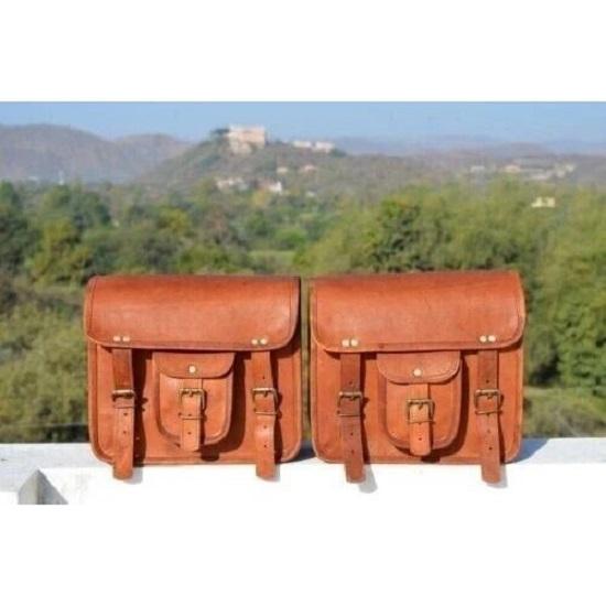 

Leather Side Pouch Panniers Motorcycle 2 Saddle Bag Brown Saddlebags 11 x 9 x 3 in