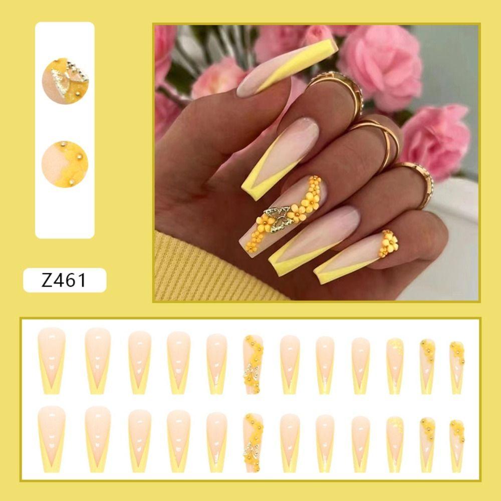 Nails Detachable Full Cover Coffin False Nails Yellow Flower Fake Nails Love Heart Long Ballerina